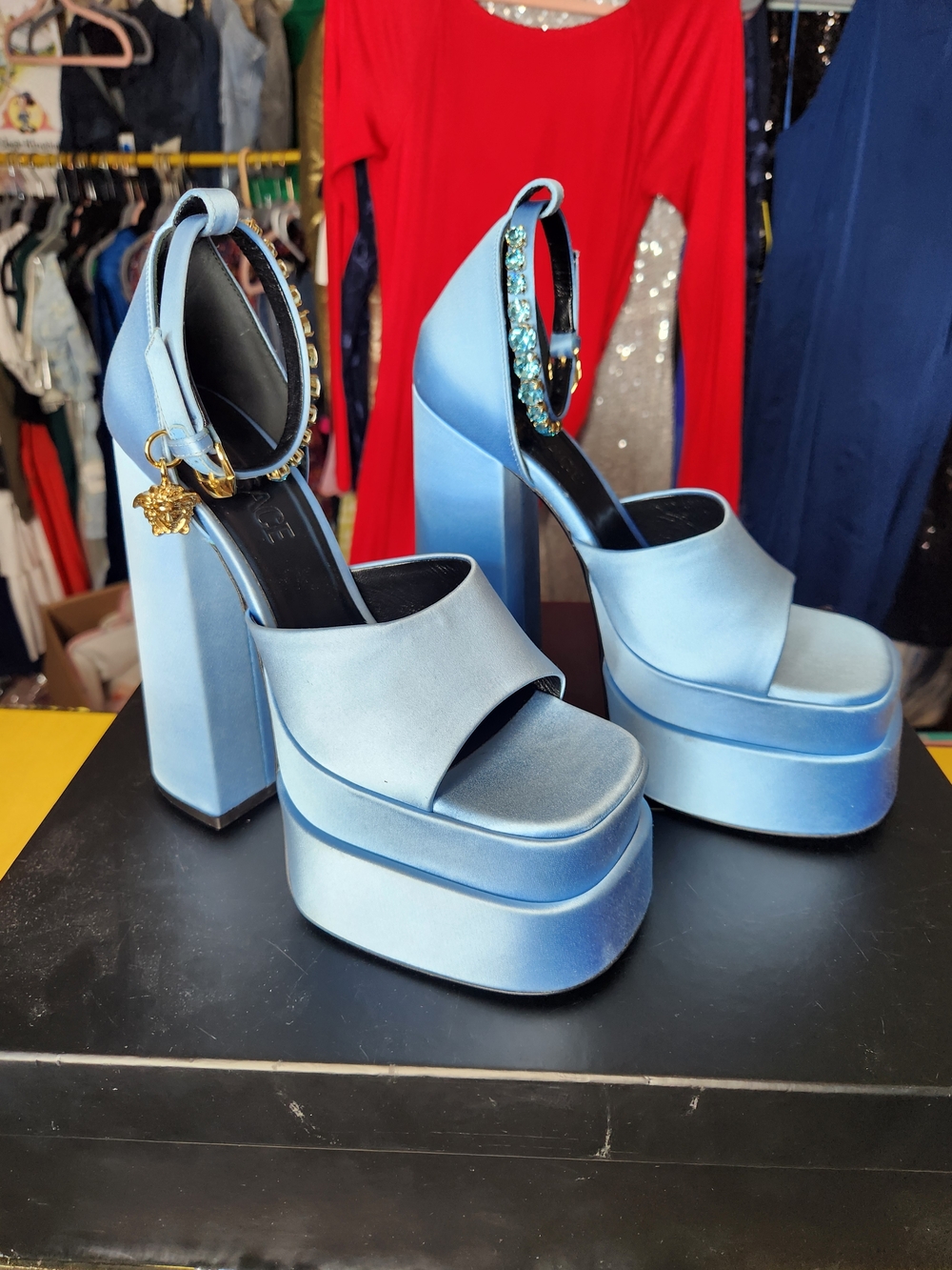 Versace Light Blue Satin Platform Sandals with Gold Medusa Charm
